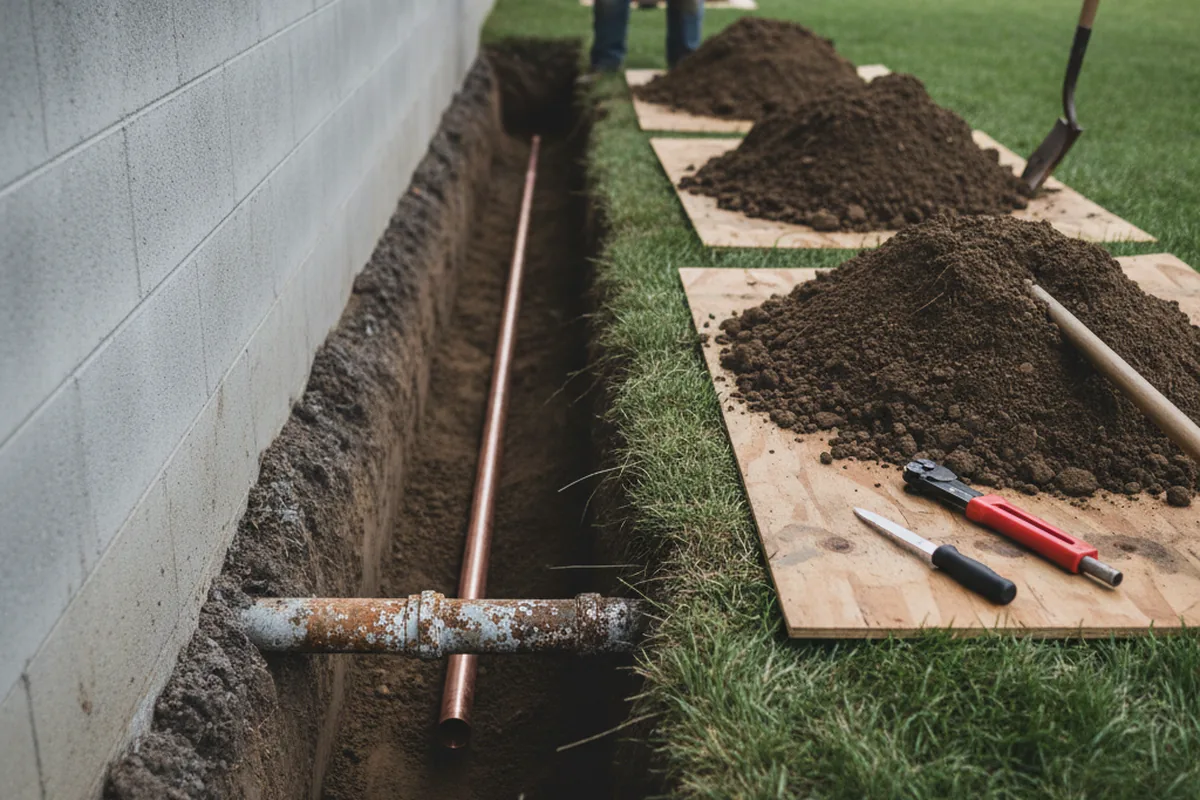 Excavated water line trench during Water Heater Repair in Hamlin